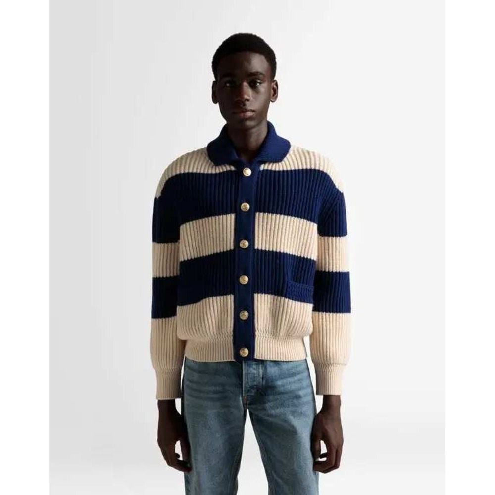 $1245 Bally Cardigan Sweater Mens Medium 40 Blue Beige Chunky Knit Wool NWT